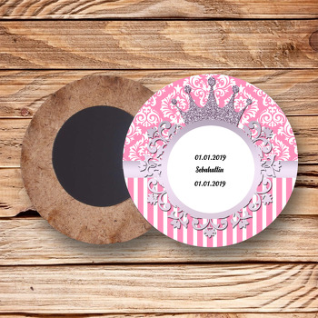 Lila Taç Damask Temalı Ahşap Daire Magnet
