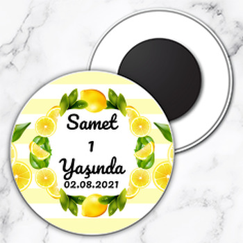 Limon Çerçeve ile Çizgili Fon Temalı Daire Plastik Magnet