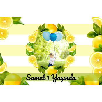 Limon Çerçeve ile Çizgili Fon Temalı Doğum Günü Plastik Magnet