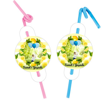 Limon Çerçeve ile Çizgili Fon Temalı Pipet ve Kartı