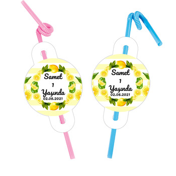 Limon Çerçeve ile Çizgili Fon Temalı Pipet ve Kartı