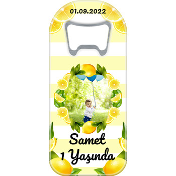 Limon Çerçeve ile Çizgili Fon Temalı Resimli Uzun Doğum Günü Magnet Açacak