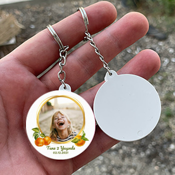 Mandalina ile Gold Çerçeve Temalı Daire Plastik Anahtarlık