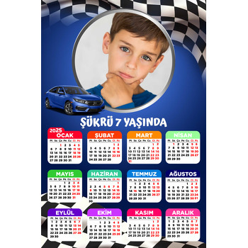 Mavi Araba ile Yarış Bayrağı Temalı Takvim Magnet