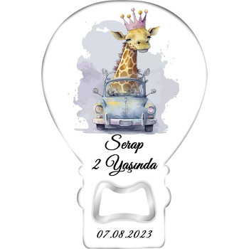 Mavi Arabada Taçlı Zürafa Temalı Balon Ahşap Magnet 