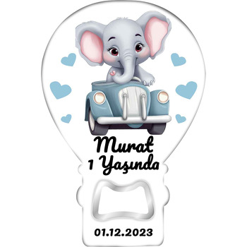 Mavi Arabalı Fil Temalı Balon Ahşap Magnet 