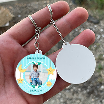 Mavi Ay Ve Yıldız Temalı Resimli Daire Plastik Anahtarlık