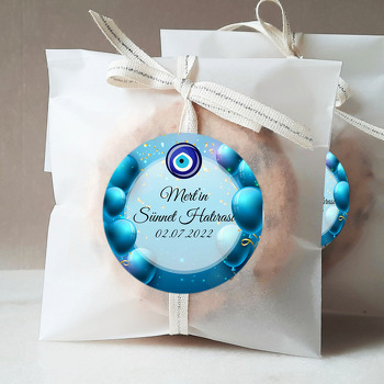 Mavi Balonlar ile Mavi Fonda Nazar Boncuğu Sünnet Hatırası Temalı Sticker