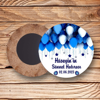 Mavi Balonlar ile Yıldızlarla Sünnet Hatırası Temalı Daire Ahşap Magnet