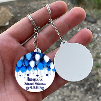 Mavi Balonlar ile Yıldızlarla Sünnet Hatırası Temalı Daire Plastik Anahtarlık