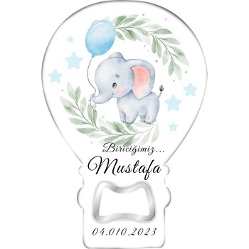Mavi Balonlu Fil ile Yaprak Çerçeve Temalı Balon Ahşap Magnet 
