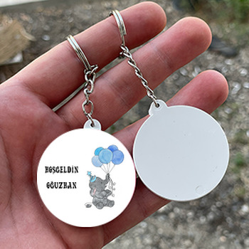 Mavi Balonlu Fil Temalı Daire Plastik Anahtarlık