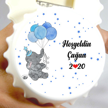 Mavi Balonlu Fil Temalı Hoşgeldin Bebek Kapak Magnet Açacak