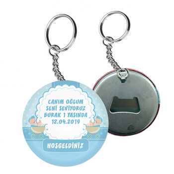 Mavi Bebek Arabası Temalı Arkası Açacak Anahtarlık