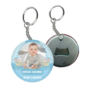Mavi Bebek Arabası Temalı Resimli Arkası Açacak Anahtarlık