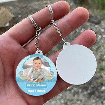 Mavi Bebek Arabası Temalı Resimli Daire Plastik Anahtarlık