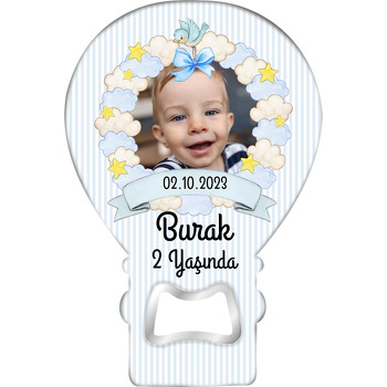 Mavi Beyaz Bulut Çerçeve ile Kuş Temalı Balon Ahşap Magnet 