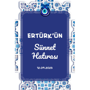 Mavi Beyaz Çini Fonda Nazar Boncuğu ile Sünnet Hatırası Temalı Magnet