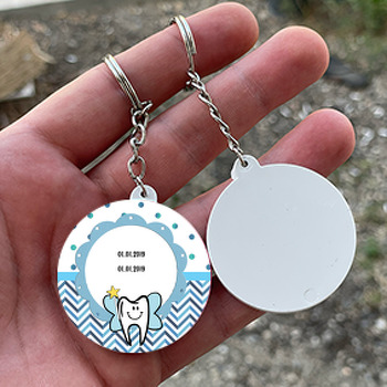 Mavi Beyaz Diş Temalı Daire Plastik Anahtarlık