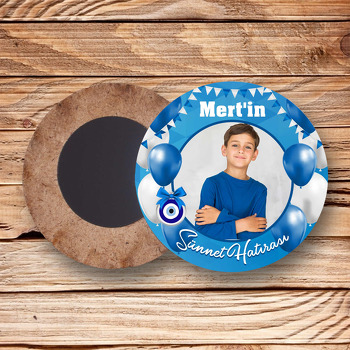 Mavi Beyaz Flama ile Balonlarla Sünnet Hatırası Temalı Daire Ahşap Magnet