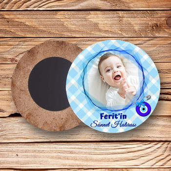 Mavi Beyaz Fonda Dalga Çerçeve ile Sünnet Nazarlık Temalı Daire Ahşap Magnet