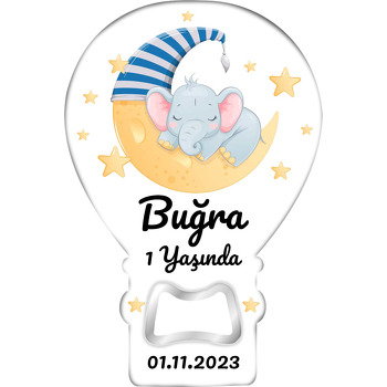 Mavi Beyaz Kukuletalı Ayda Uyuyan Fil Temalı Balon Ahşap Magnet 