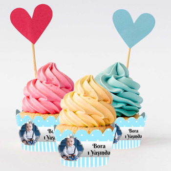 Mavi Beyaz Puantiye ile Gümüş Çerçeve Temalı Cupcake Sargısı