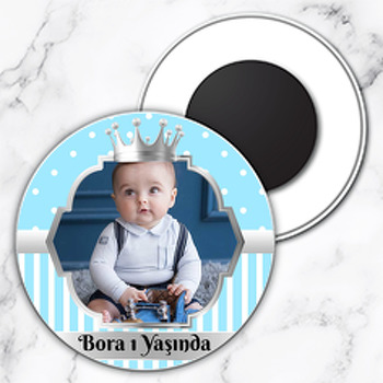Mavi Beyaz Puantiye ile Gümüş Çerçeve Temalı Daire Plastik Magnet