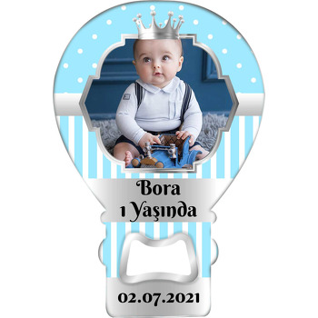 Mavi Beyaz Puantiye ile Gümüş Çerçeve Temalı Resimli Balon Magnet Açacak