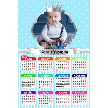 Mavi Beyaz Puantiye ile Gümüş Çerçeve Temalı Takvim Magnet