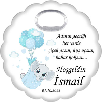 Mavi Bohçada Balonlu Fil Temalı Çiçek Şekilli Magnet Açacak
