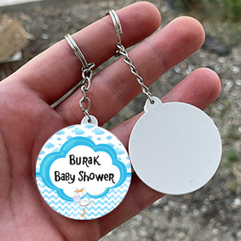 Mavi Bulut Baby Shower Temalı Daire Plastik Anahtarlık