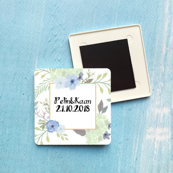 Mavi Çiçek Çerçeveli Söz Nişan Nikah Kare Plastik Kare Magnet