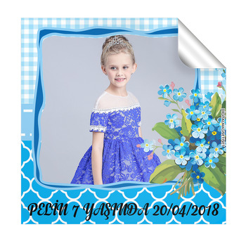 Mavi Çiçek Temalı Kare Etiket