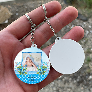 Mavi Çiçek Temalı Resimli Daire Plastik Anahtarlık