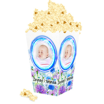 Mavi Çiçekler Temalı Popcorn Kutusu