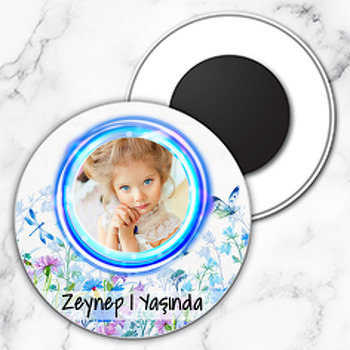 Mavi Çiçekler Temalı Resimli Daire Plastik Magnet