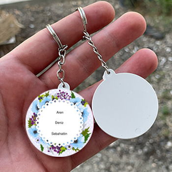 Mavi Çiçekler Temalı Söz Nişan Nikah Daire Plastik Anahtarlık