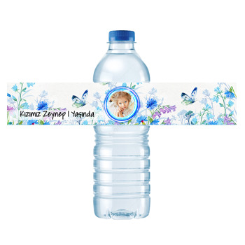 Mavi Çiçekler Temalı Su Şişesi Etiketi