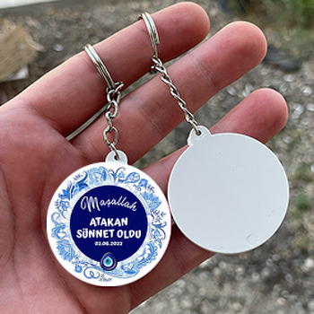 Mavi Çini Desen ile Nazar Boncuğu Sünnet Temalı Daire Plastik Anahtarlık