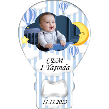 Mavi Çizgili Balonlar ile Bulut Çerçeve Temalı Balon Ahşap Magnet 