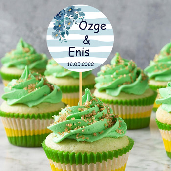 Mavi Çizgili Fonda Çiçekler Temalı Parti Kürdan Süs