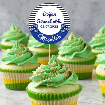 Mavi Çizgili Fonda Çintemani Nazar Boncukları ile Sünnet Temalı Parti Kürdan Süs