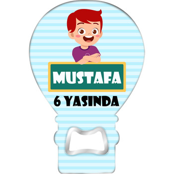 Mavi Çizgili Fonda Yeşil Tahta ile Erkek Çocuğu Temalı Balon Ahşap Magnet 