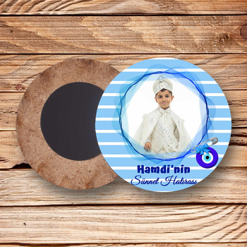 Mavi Dalga Çerçeve ile Sünnet Nazarlık Temalı Daire Ahşap Magnet