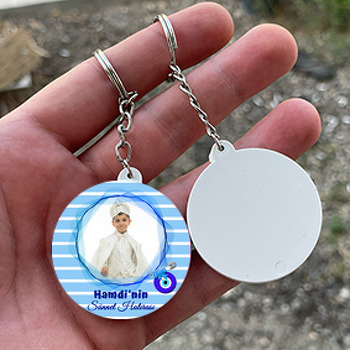 Mavi Dalga Çerçeve ile Sünnet Nazarlık Temalı Daire Plastik Anahtarlık