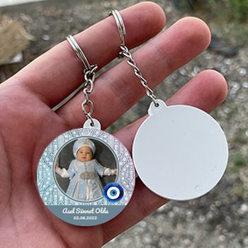 Mavi Degradeli Fatmanın Eli ile Nazar Boncuğu Sünnet Temalı Daire Plastik Anahtarlık