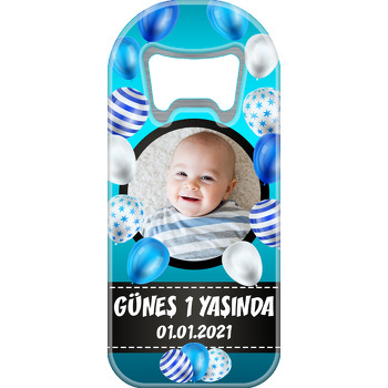 Mavi Desenli Balonlar ve Turkuaz Fon ve Antrasit Şerit Temalı Uzun Magnet Açacak