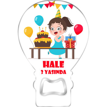 Mavi Elbiseli Kız ile Parti Temalı Balon Ahşap Magnet 