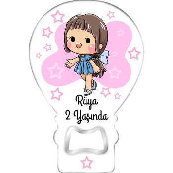 Mavi Elbiseli Sevimli Kız ile Yıldızlar Temalı Balon Ahşap Magnet 
